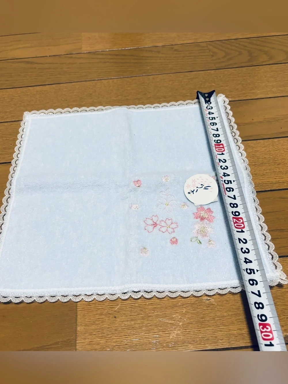 Light Blue w/ Pink Flowers Embroidered Lace border Pocket Hand Towel 27cm/11”